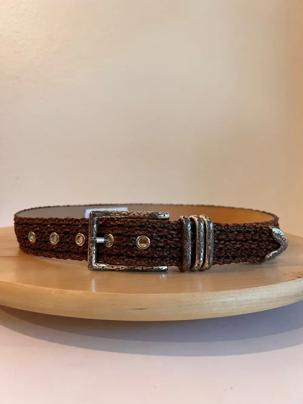 Vintage Woven Brown Barbara & Co Genuine Leather Silver Tipped Belt Size Medium